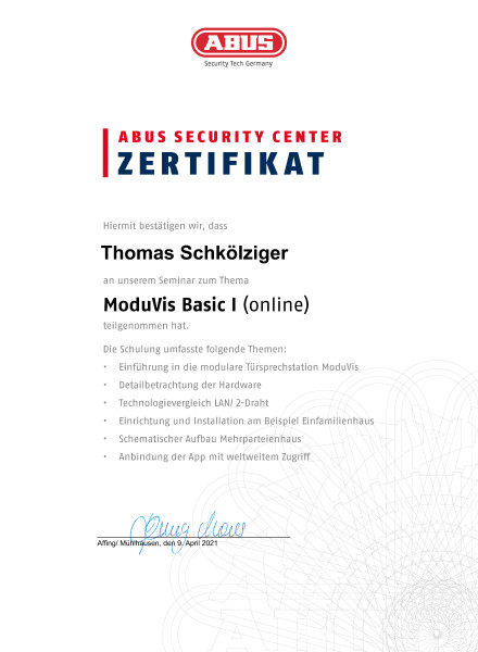 MODUVIS Certificate
